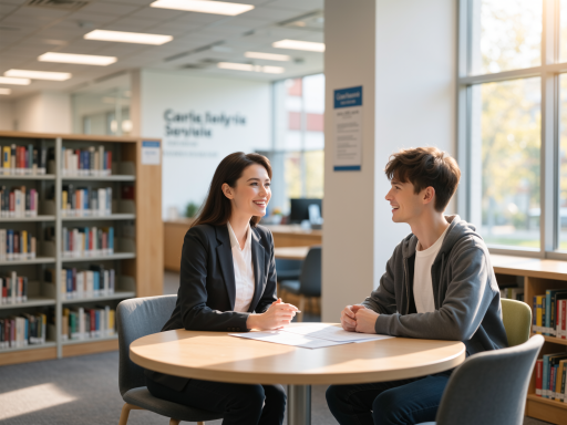 Professional academic tutor helping student with papers and assignments, modern study environment with books and laptop