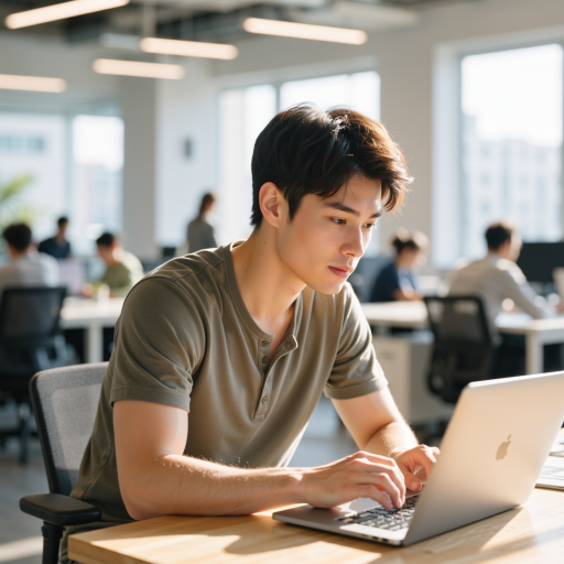 Young male student looking focused and determined while working on academic project, showing concentration and motivation