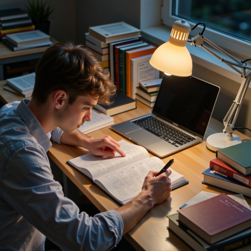 Middle aged professional student balancing work and studies, showing dedication and commitment to education